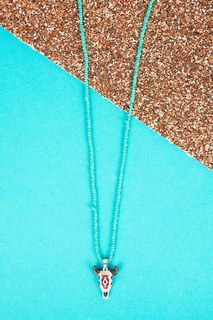 Lancaster Painted Steer Head Turquoise Seed Bead Necklace - Wholesale Accessory Market