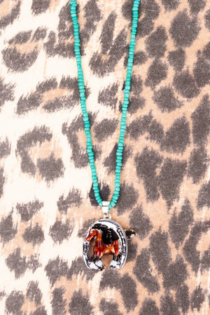 Neigh Sayer Silvertone Horses Turquoise Seed Bead Necklace - Wholesale Accessory Market