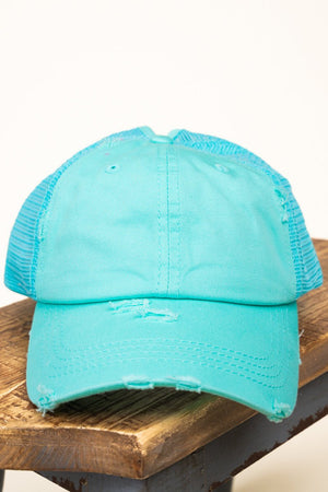 Distressed Mint Blue Mesh Ponytail Cap - Wholesale Accessory Market