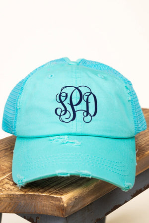 Distressed Mint Blue Mesh Ponytail Cap - Wholesale Accessory Market