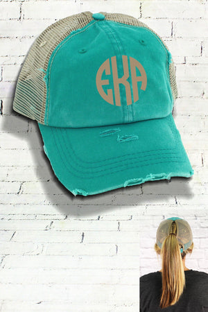 Distressed Turquoise Mesh Ponytail Cap - Wholesale Accessory Market