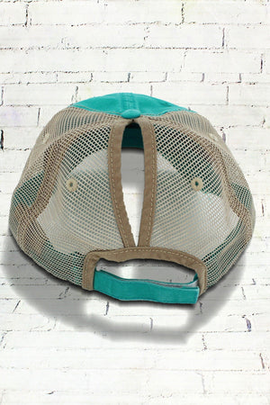 Distressed Turquoise Mesh Ponytail Cap - Wholesale Accessory Market