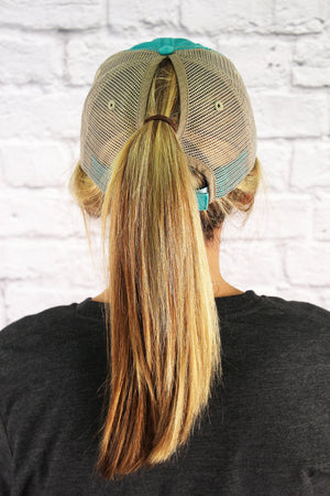 Distressed Turquoise Mesh Ponytail Cap - Wholesale Accessory Market