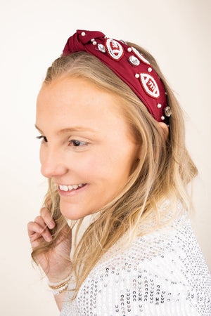 Burgundy and White Football Seed Bead Knotted Headband - Wholesale Accessory Market