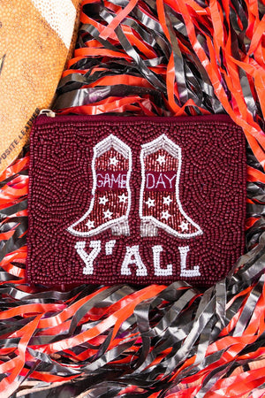 Game Day Y'all Burgundy and White Seed Bead Coin Purse - Wholesale Accessory Market