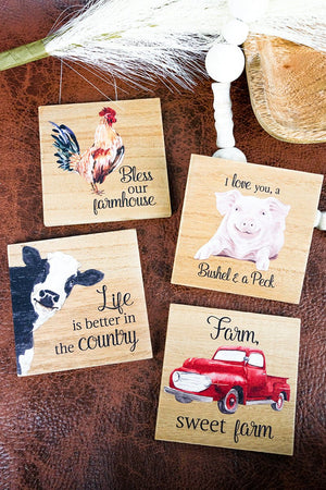 4 x 4 Farm Life Wood Four Coaster Set - Wholesale Accessory Market