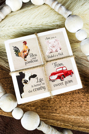 4 x 4 Farm Life Wood Four Coaster Set - Wholesale Accessory Market