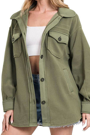 Zenana Weekend Plans Light Olive Fleece Shacket - Wholesale Accessory Market
