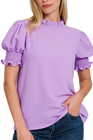 Zenana Belle Rose Bright Lavender Mock Neck Smocked Sleeve Top - Wholesale Accessory Market