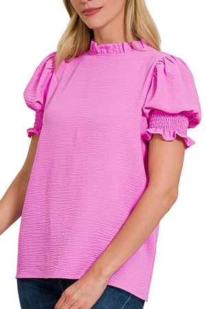 Zenana Belle Rose Mauve Mock Neck Smocked Sleeve Top - Wholesale Accessory Market