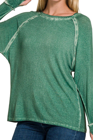 Zenana Cross Country Trek Dark Green Washed Thumb Hole Top - Wholesale Accessory Market
