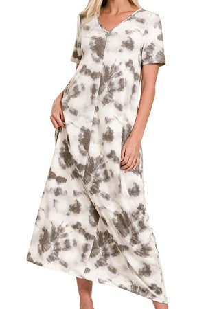 Grey Tie Dye French Terry V-Neck Maxi Pocket Dress - Wholesale Accessory Market