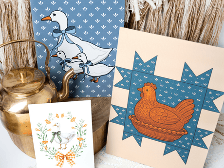 Canvas Prints - one showing geese with cottage blue one with a brown hen on the nest and one with a white duck