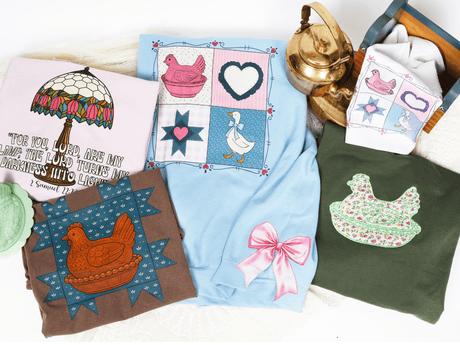 Cottage Core tshirts and apparel showing hens and ducks and hearts embroidery and printed