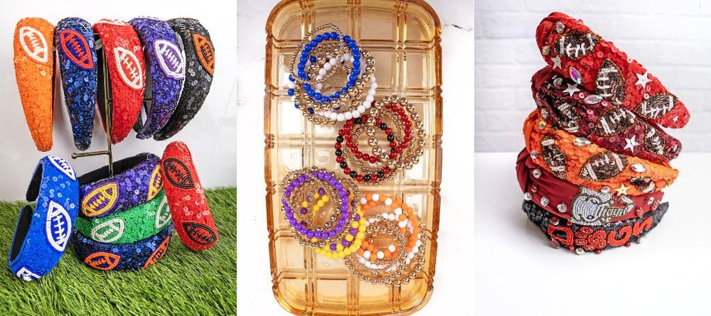 Gameday Glam beaded headbands colorful bracelets in team colors