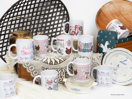 Graphic Coffee Mugs - shows a variety of prints on coffee mugs chickens ducks religious easter