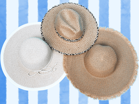 NEW! Gifts & Accessories -straw hats on a striped background