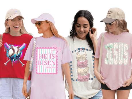 New Graphic Apparel 4 models wearing tshirts saying baseball and he is risen and hens and jesus in big letters