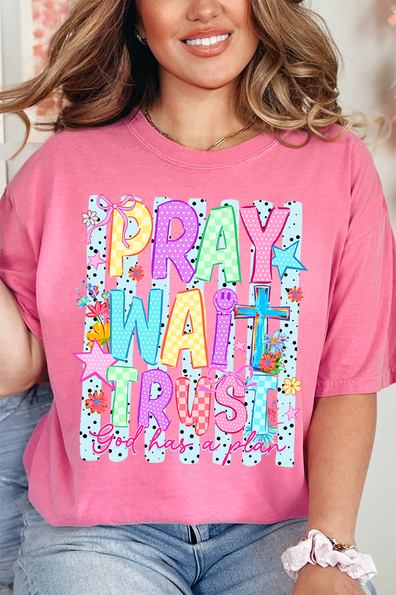 Pray Wait Trust Bright Doodle Comfort Colors Adult Ring-Spun Cotton Tee