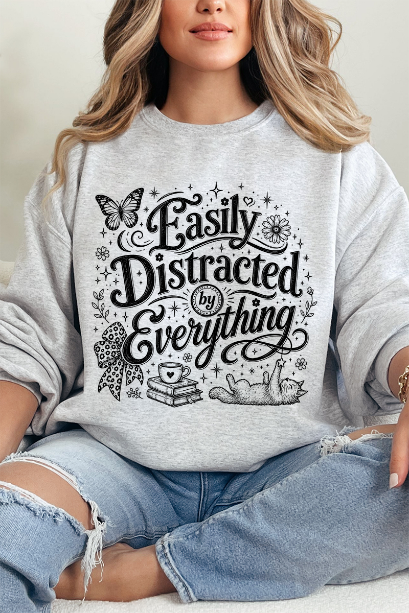 Black Easily Distracted By Everything Heavy Blend Crew Sweatshirt