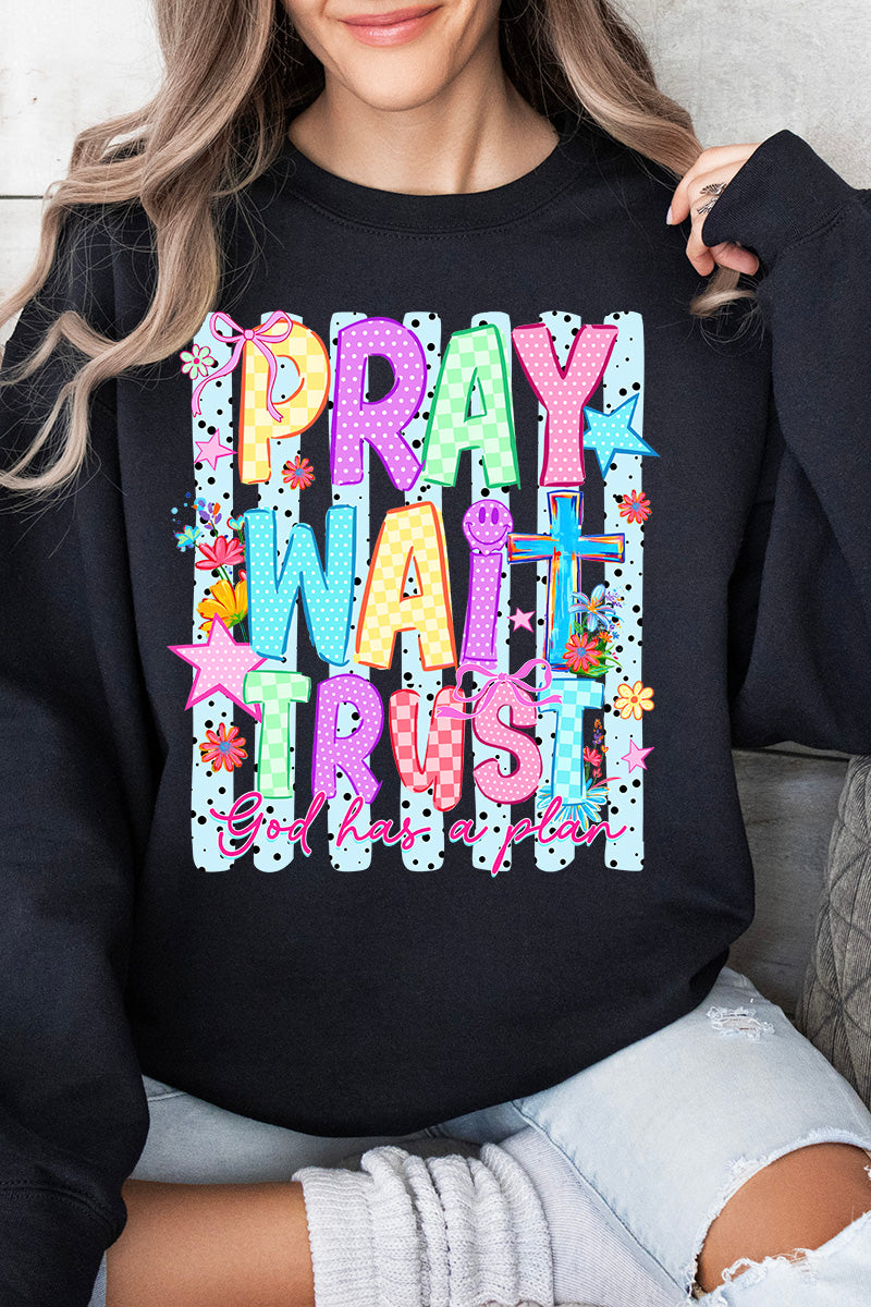 Pray Wait Trust Bright Doodle Heavy Blend Crew Sweatshirt