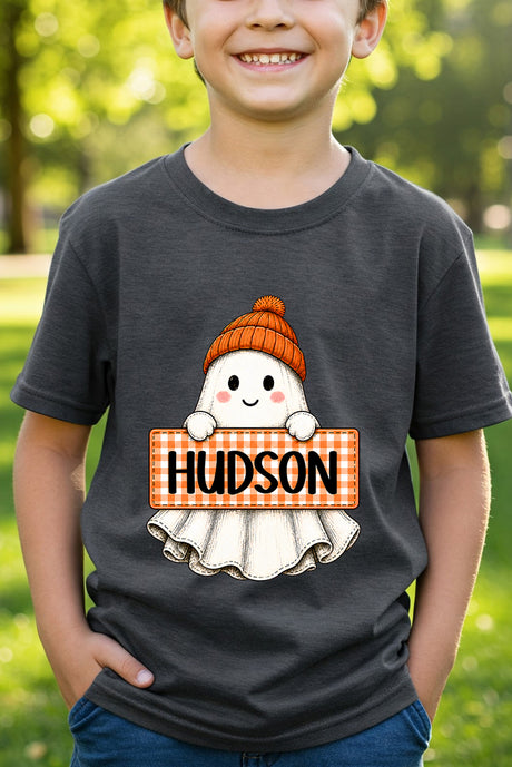 Youth Personalized Gingham Ghost Short Sleeve Relaxed Fit T-Shirt *Enter Kid's Name