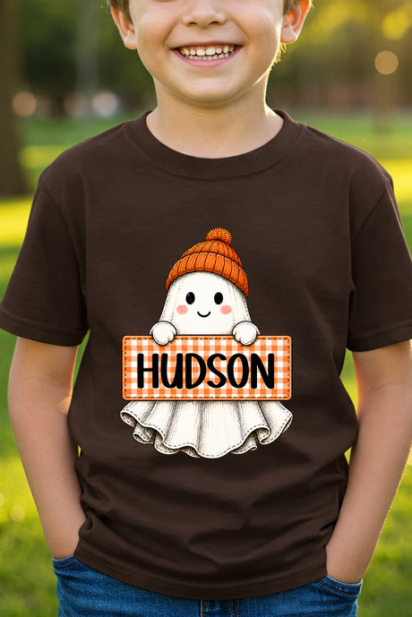 Youth Personalized Gingham Ghost Short Sleeve Relaxed Fit T-Shirt *Enter Kid's Name