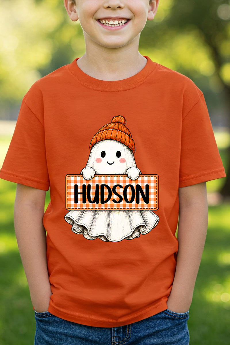 Youth Personalized Gingham Ghost Short Sleeve Relaxed Fit T-Shirt *Enter Kid's Name