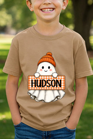 Youth Personalized Gingham Ghost Short Sleeve Relaxed Fit T-Shirt *Enter Kid's Name