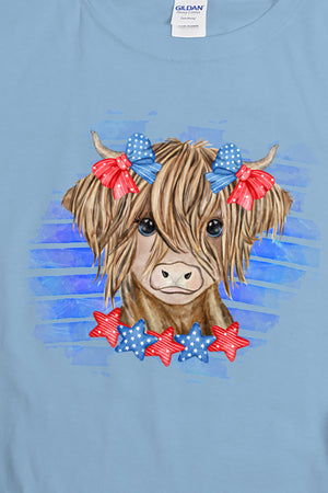 Youth Patriotic Highland Cow Short Sleeve Relaxed Fit T-Shirt