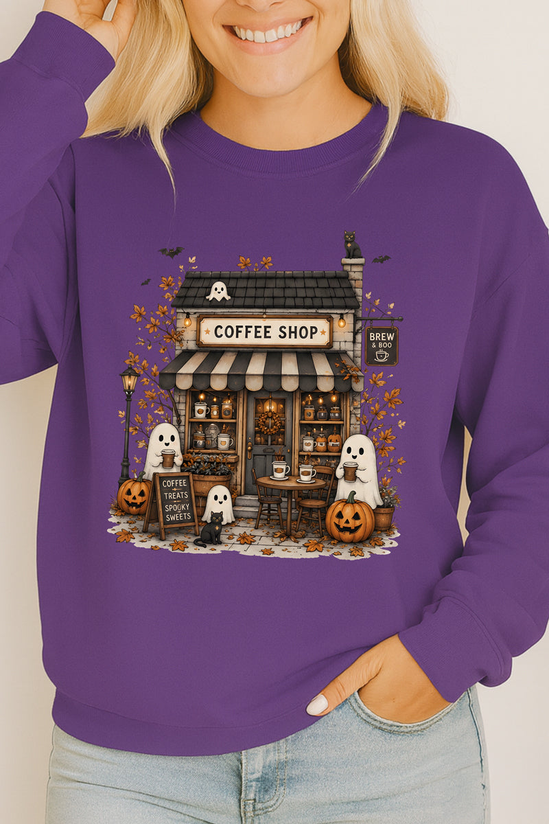 Brew & Boo Coffee Shop Heavy Cotton Long Sleeve Adult T-Shirt