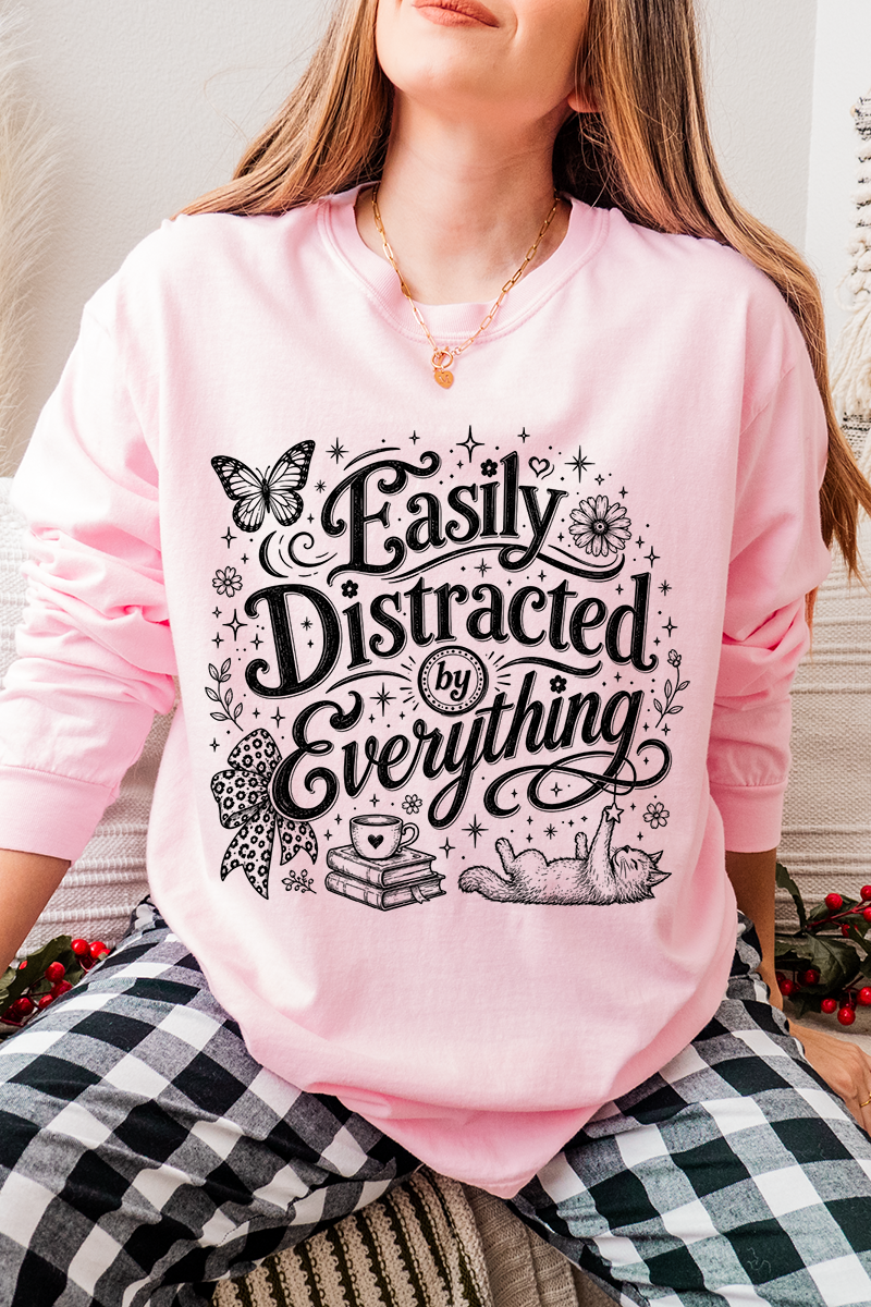 Black Easily Distracted By Everything Comfort Colors Heavyweight Long T-Shirt