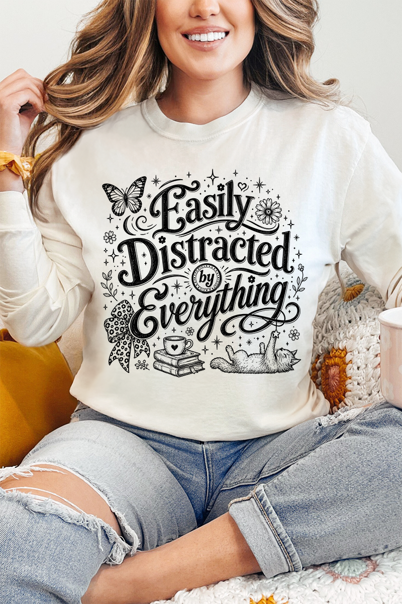 Black Easily Distracted By Everything Comfort Colors Heavyweight Long T-Shirt