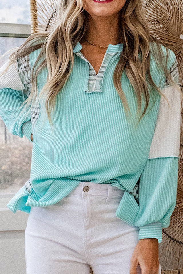 Cozy Clash Aruba Blue Patchwork Plaid Corded Top