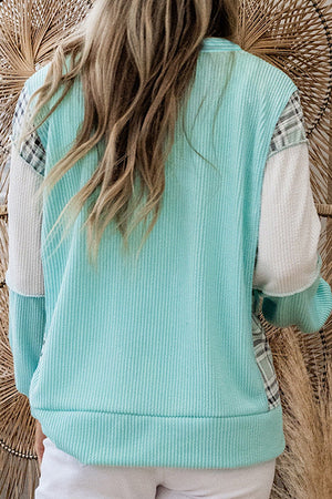 Cozy Clash Aruba Blue Patchwork Plaid Corded Top