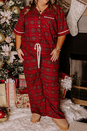 PREORDER! ETA 11/16 Plus Size Plaid Tidings Red Button Top and Pants Pajama Set **SHIPPING EXPECTED TO BEGIN ON DATE 11/16 **