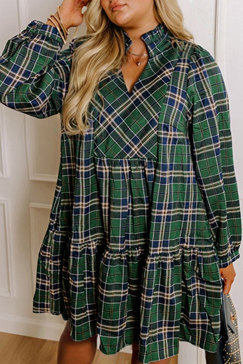 PREORDER! ETA 11/24 Plus Size Fireside Festive Green Plaid Long Sleeve Mini Dress **SHIPPING EXPECTED TO BEGIN ON DATE 11/24**