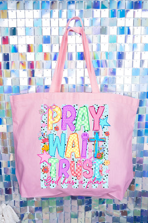 Pray Wait Trust Bright Doodle Canvas Jumbo Tote