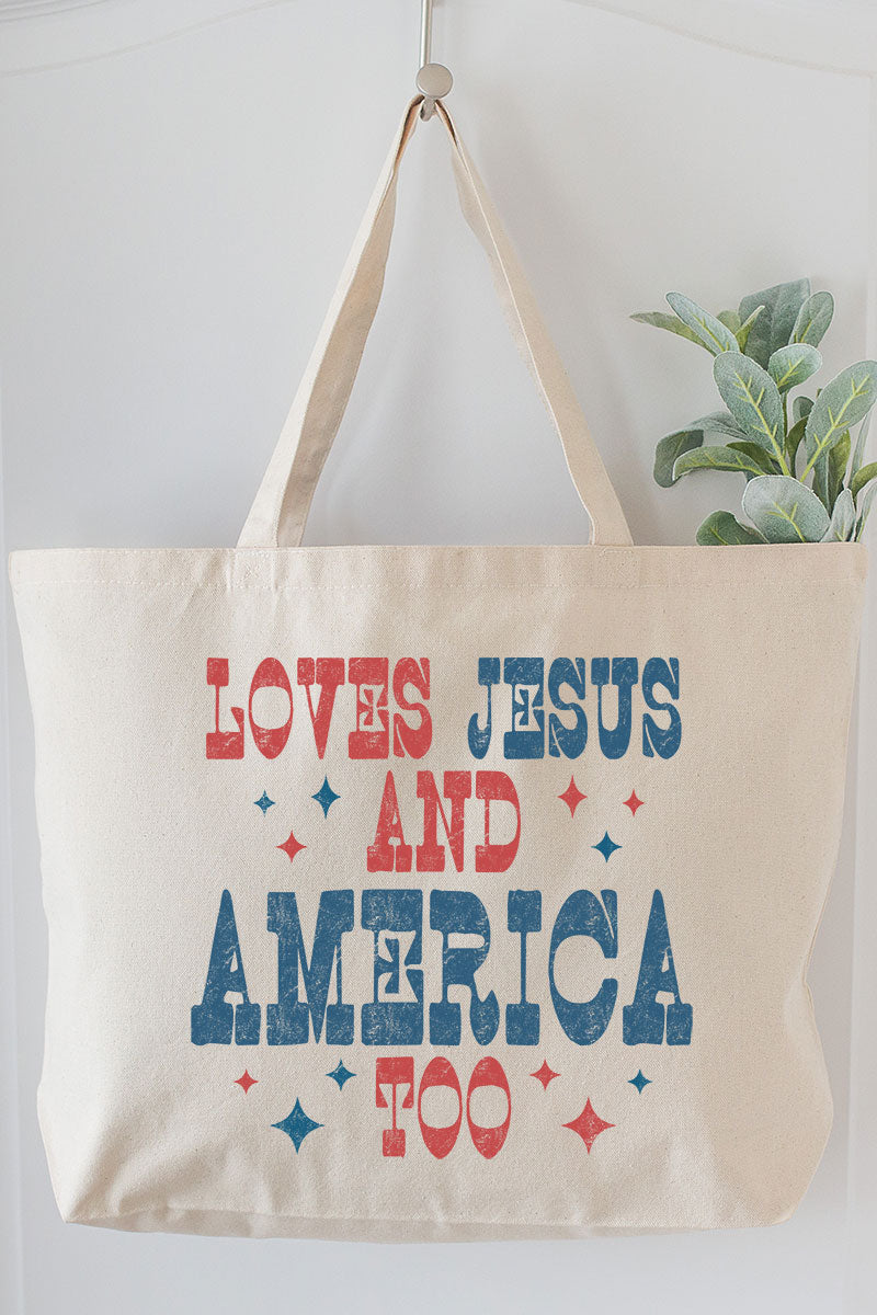 Retro Loves Jesus & America Too Canvas Jumbo Tote