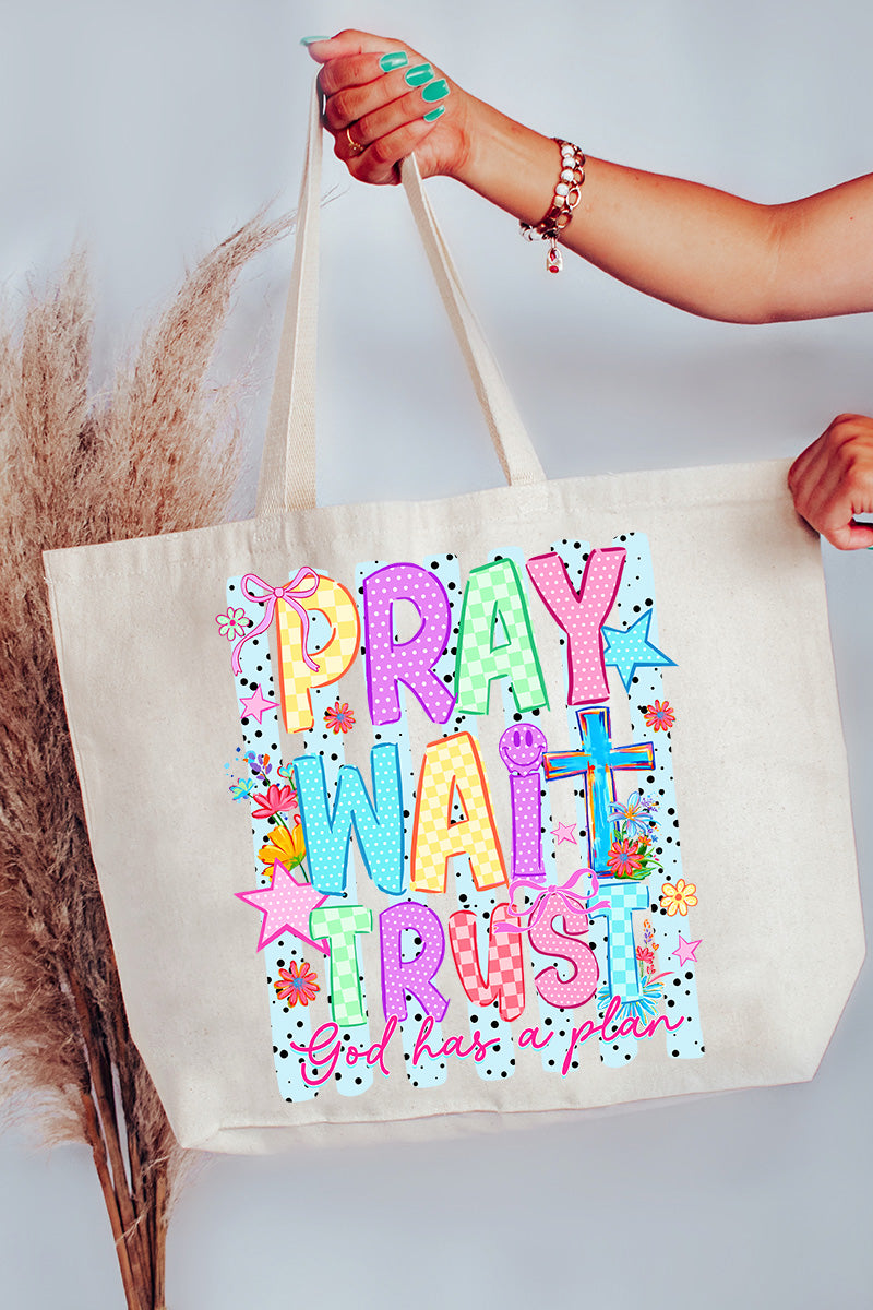 Pray Wait Trust Bright Doodle Canvas Jumbo Tote