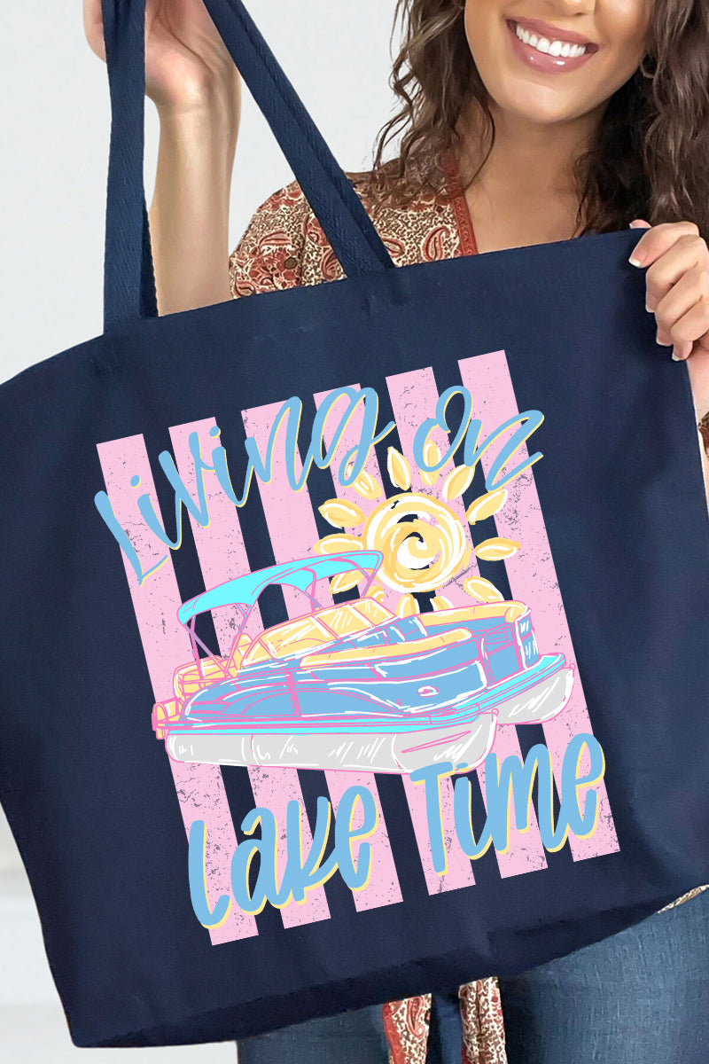 Living On Lake Time Canvas Jumbo Tote