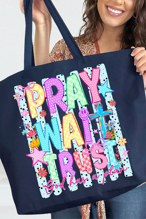 Pray Wait Trust Bright Doodle Canvas Jumbo Tote