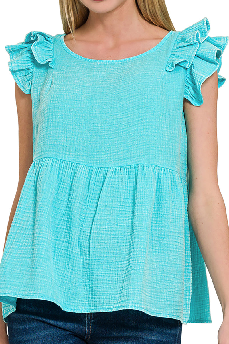 Zenana Islamorada Mint Sky Washed Gauze Ruffle Peplum Top