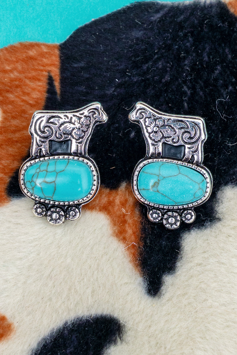 TIPI Farm Fresh Friend Cow Turquoise & Silvertone Earrings