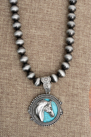 TIPI Turquoise Mustang Medallion Silver Pearl Necklace