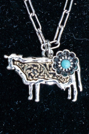 TIPI Turquoise Barnyard Blossom Cow Two-Tone Necklace