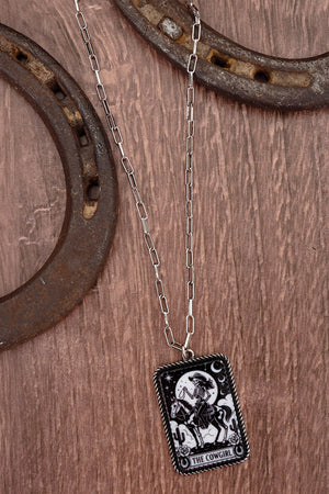 TIPI The Skeleton Cowgirl Card Silvertone Necklace