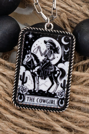 TIPI The Skeleton Cowgirl Card Silvertone Necklace