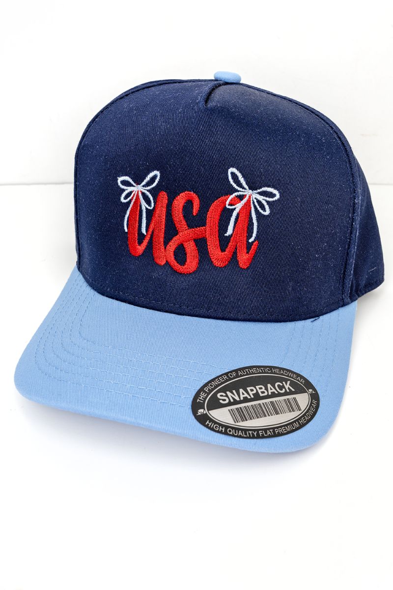 Bow USA Embroidered Navy and Sky Tencel Snapback Cap