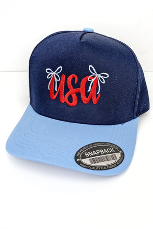 Bow USA Embroidered Navy and Sky Tencel Snapback Cap